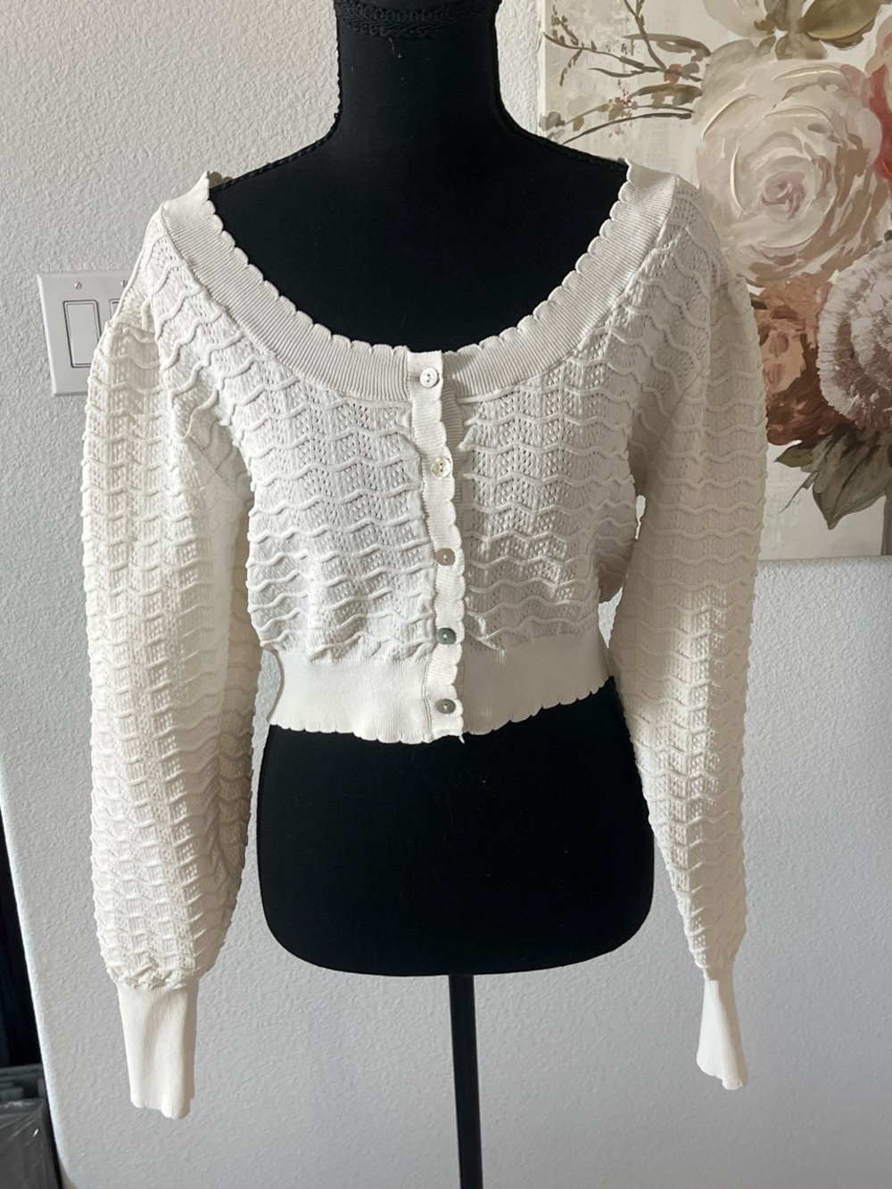 Zara women size large Cream Button-Front Knit Cardigan Sweater